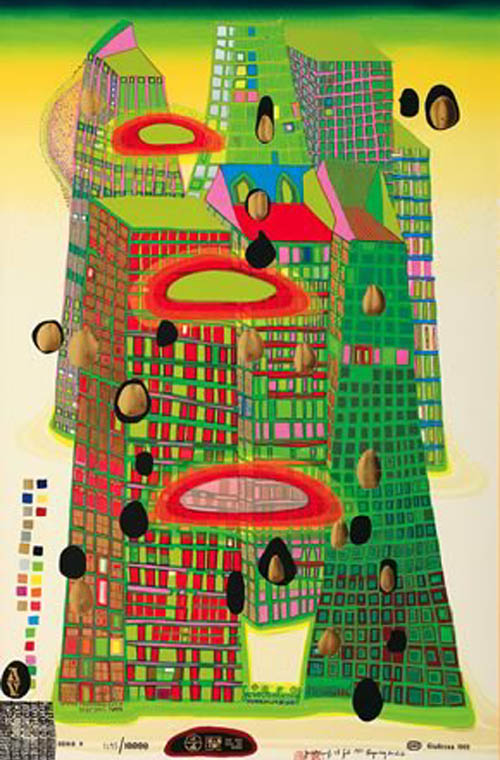 Hundertwasser - Good Morning City - Bleeding Town - series F - 1969 color screenprint